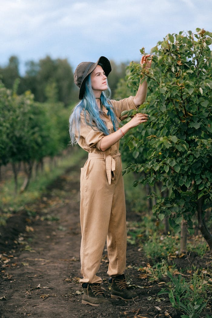 Young woman in a vineyard harvesting, depicting rustic farming and nature.